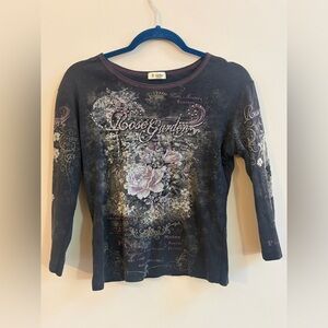 Cactus Y2K Rhinestone Rose Garden 3/4 Sleeve Shirt Top Whimsigoth Fairy Floral